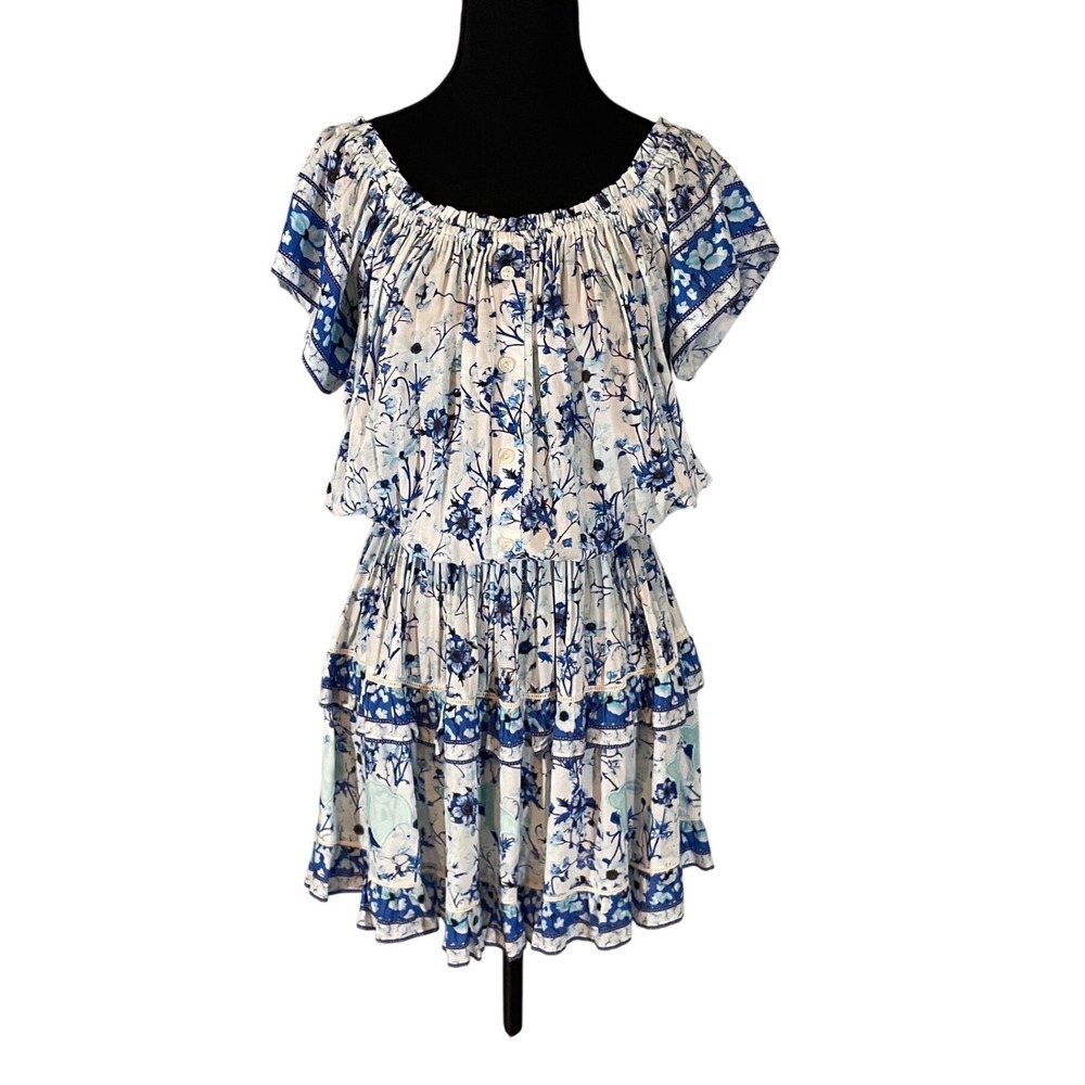 TAJ by Sabrina Crippa Blue Floral Tiered Mini Dress L Boho Peasant Cottagecore